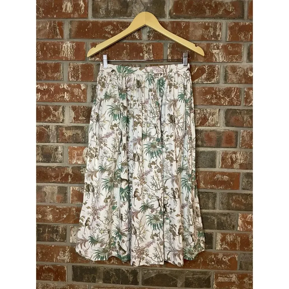 VTG Herman Geist Monkey Print A-line Skirt Size 2 Cream Beach Resort Designer